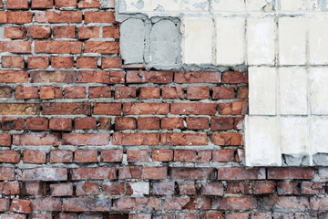 Abstract background old white brick wall with cracks and scratches. Landscape style. Great background or texture.
