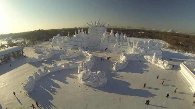 AERIAL FLY OVER OF GIANT SNOW AND ICE SCULPTURE IN HARBIN CHINA (3of4)