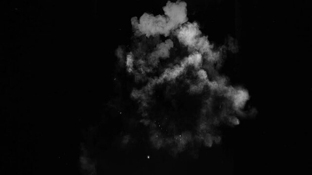 Impact dust particles and smoke. 4K  Dirty Hits, Dusty bullet hits on a wall with chunks of debris flying out . Powder explosion on black background. 