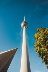 Obraz premium Perspective view up of the famous TV tower in Berlin, Germany.