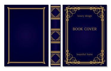 Book cover and spine ornament. Vintage old frames. Royal Golden and dark blue style design. Border to be printed on the covers of books.