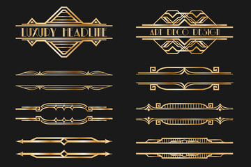 Set of Art deco page headers. Patterns, ornaments in artdeco style. 1920s vintage gold dividers, old header graphic elements, geometric vignettes decoration for design.