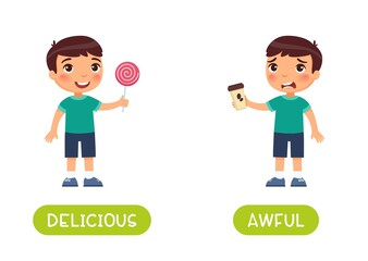Delicious and awful antonyms word card vector template. Flashcard for english language learning. A joyful boy holds a sweet lollipop, an unhappy boy holds bitter coffee in his hands.