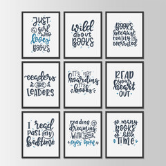 Books and reading lettering set Hand drawn typography poster. Conceptual handwritten phrase T shirt hand lettered calligraphic design. Inspirational vector. Vector illustration