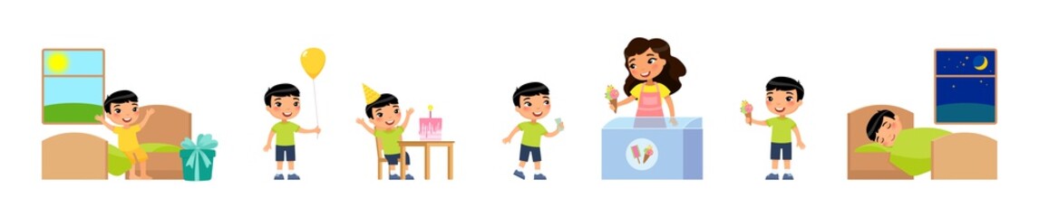 Birthday of little boy. Concept of children's holiday, pocket money. Joyful child receives gift, eats cake, buys sweets, holds balloon, sleeps happy. Cartoon characters, set 