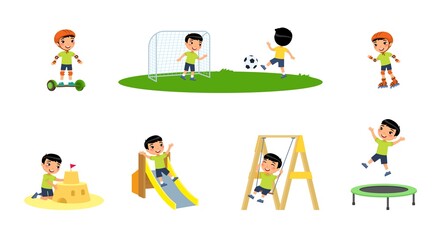 Little asian boy plays in the playground. Concept of summer entertainment. Child plays different summer games.  Sport and recreation. Cartoon character, flat vector illustration set.
