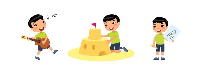 Little cute asian boy builds a sandcastle, drawings, plays the guitar and sings. Creativity concept. Сhild is having fun and relaxing. Cartoon characters, set of flat vector illustrations