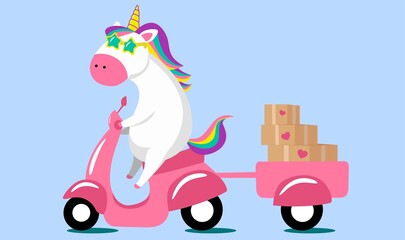Creative  concept holiday valentines day delivery shipping vector illustration funny unicorn driving old retro vintage scooter bike with love hearts boxes.
