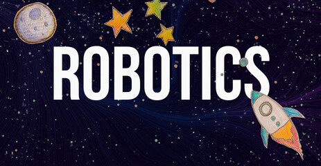 Robotics theme with space background with a rocket, moon, and stars