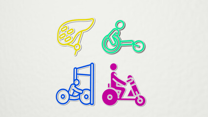 cycling on the wall. 3D illustration of metallic sculpture over a white background with mild texture. bicycle and bike