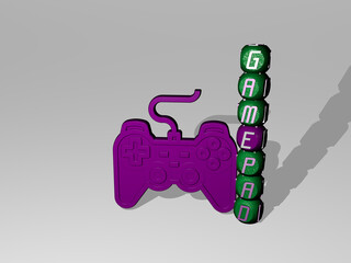 Fototapeta na wymiar 3D graphical image of GAMEPAD vertically along with text built around the icon by metallic cubic letters from the top perspective. excellent for the concept presentation and slideshows.