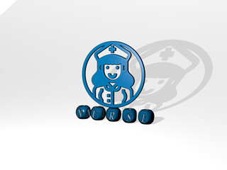 3D graphical image of NURSE vertically along with text built by metallic cubic letters from the top perspective, excellent for the concept presentation and slideshows. doctor and care