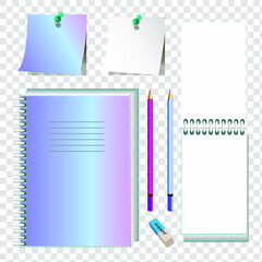 Vector illustration of a set of items for office or school. An isolated image of an open and closed notebook on a spiral, pencil and eraser. 