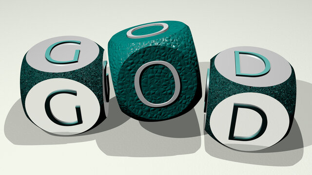 god combined by dice letters and color crossing for the related meanings of the concept. illustration and ancient