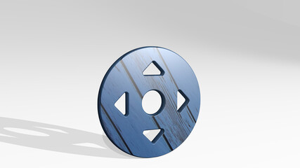 CURSOR MOVE DIRECTION casting shadow with two lights. 3D illustration of metallic sculpture over a white background with mild texture. icon and arrow