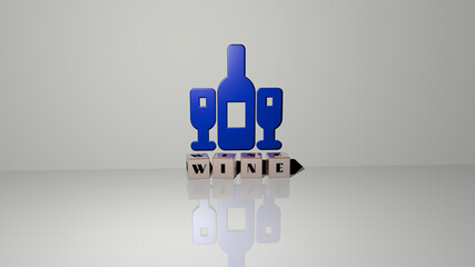 3D graphical image of WINE vertically along with text built by metallic cubic letters from the top perspective, excellent for the concept presentation and slideshows. background and alcohol