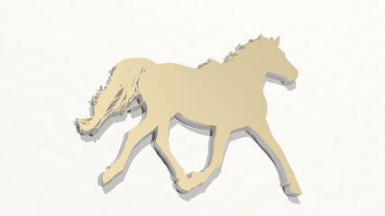HORSE made by 3D illustration of a shiny metallic sculpture on a wall with light background. animal and beautiful