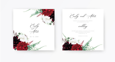 Stylish, floral boho wedding invite, save the date cards design. Burgundy dahlia, ivory white and red peony roses flowers, green asparagus fern leaves,  silver eucalyptus, berry, vector classy bouquet