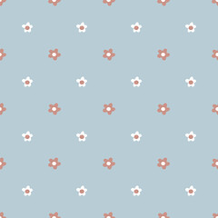 Simple seamless flower pattern in doodle style. White and pink flowers on a blue background. Hand drawn stock vector illustration. For printing on fabrics, paper, dishes.