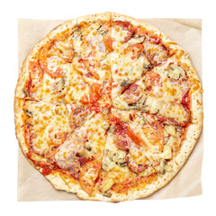 Delicious pizza served on wooden plate isolated on white.