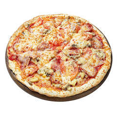 Delicious pizza served on wooden plate isolated on white.