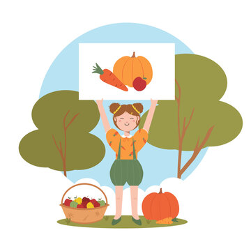Smiling little girl holds poster with painting vegetables. Gathering harvest at the farm. Gardener puts apples in a wicker basket. Seasonal agricultural work. Isolated vector illustration