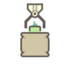 Obraz premium Robot hand put product into bag packaging in food processing production vector icon design on white background.