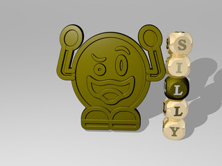 3D graphical image of SILLY vertically along with text built around the icon by metallic cubic letters from the top perspective. excellent for the concept presentation and slideshows. illustration