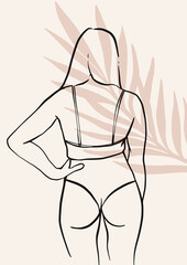 Line abstract woman vector poster. Contemporary art in linear style. Beauty fashion female figure in modern style. Summer vibes. Swimwear and sun shadow. Perfect for print, poster, social media, cards