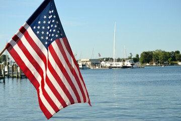 American flag flying at the bay