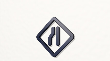 road sign lane narrowing left on the wall. 3D illustration of metallic sculpture over a white background with mild texture. city and car