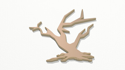 TREE on the wall. 3D illustration of metallic sculpture over a white background with mild texture. christmas and beautiful