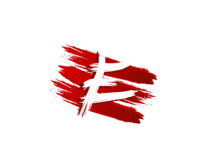 Creative E Letter Logo in Red Strips Grunge Splatter Element. Retro Rusty logo design template.