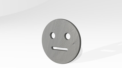 smiley indifferent made by 3D illustration of a shiny metallic sculpture casting shadow on light background. face and icon