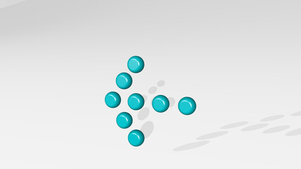 arrow thick dot left stand with shadow. 3D illustration of metallic sculpture over a white background with mild texture. icon and design