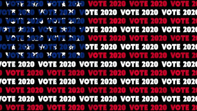 A 4K USA vote 2020 text animation design aligned with the red, white and blue stars and stripes of the American flag