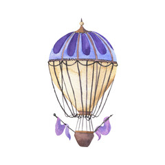Beige and lilac hot air balloon with violet flags. Hand drawn watercolor illustration.