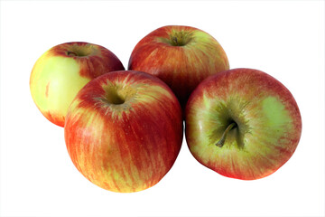 Four fresh wet red apples isolated on white background.