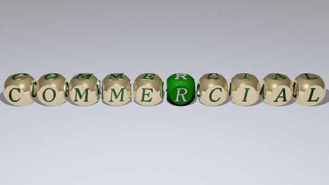 COMMERCIAL combined by dice letters and color crossing for the related meanings of the concept. business and illustration