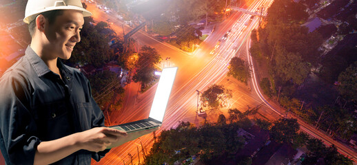 Asian engineer smart city IOT internet of thing digital technology futuristic, online process industry automation management smart digital technology and power energy sustainable city.