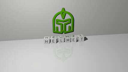 3D representation of HELMET with icon on the wall and text arranged by metallic cubic letters on a mirror floor for concept meaning and slideshow presentation. illustration and background