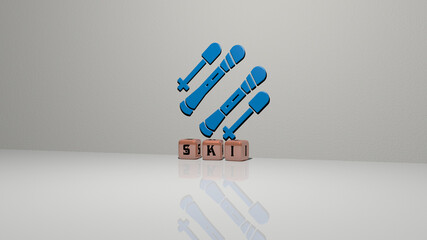 3D illustration of ski graphics and text made by metallic dice letters for the related meanings of the concept and presentations. resort and winter