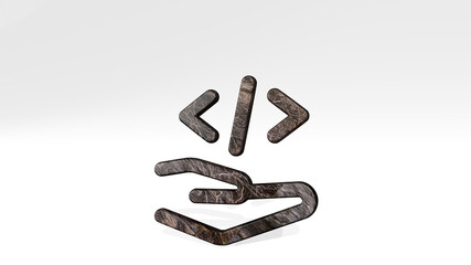 PROGRAMMING HOLD CODE casting shadow from a perspective. A thick sculpture made of metallic materials of 3D rendering. illustration and computer