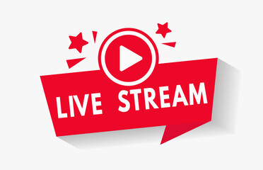 Red live video stream vector icon button for news broadcast. Social media video channel logo in flat style for online stream lower third bar overlay element. V1