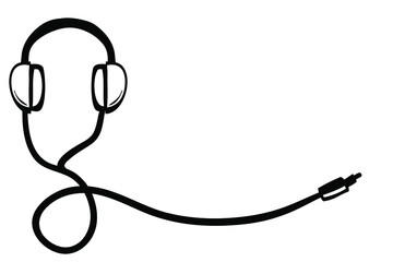 Vector Wired Headphone, with copy or negative area, for text placement, Simple Doodle Hand Draw Sketch 
