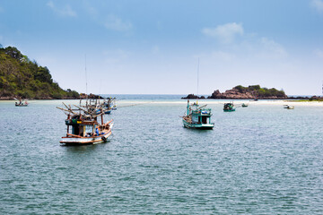 Many fishing boats parked on the sea near the coast.