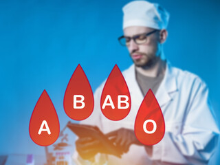 Red drops with different blood groups. Doctor on a background of red drops with blood group...