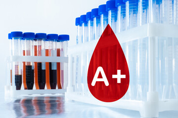 Medical blood tests. Empty test tubes and tubes of blood. Containers for medical research. A red...