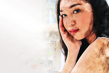 Abstract colorful portrait happiness young woman on watercolor illustration painting background.