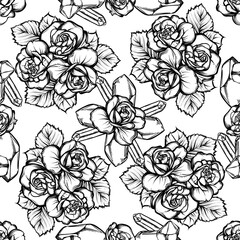 Obraz premium Vector illustration, mysticism. crystals, bouquet of roses,seamless pattern,light background. Handmade, prints on T-shirts